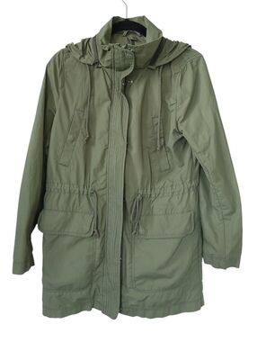 Gap Olive Green Hooded Utility Parka Jacket M Drawstring Waist Minimalist Casual